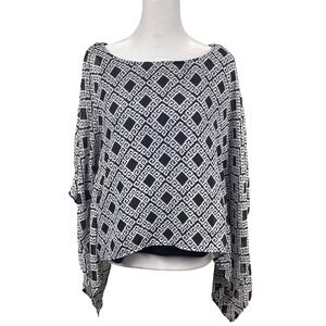 Sara Michelle Womens Petite Large Black White Geometric Print Poncho‎ Blouse Top